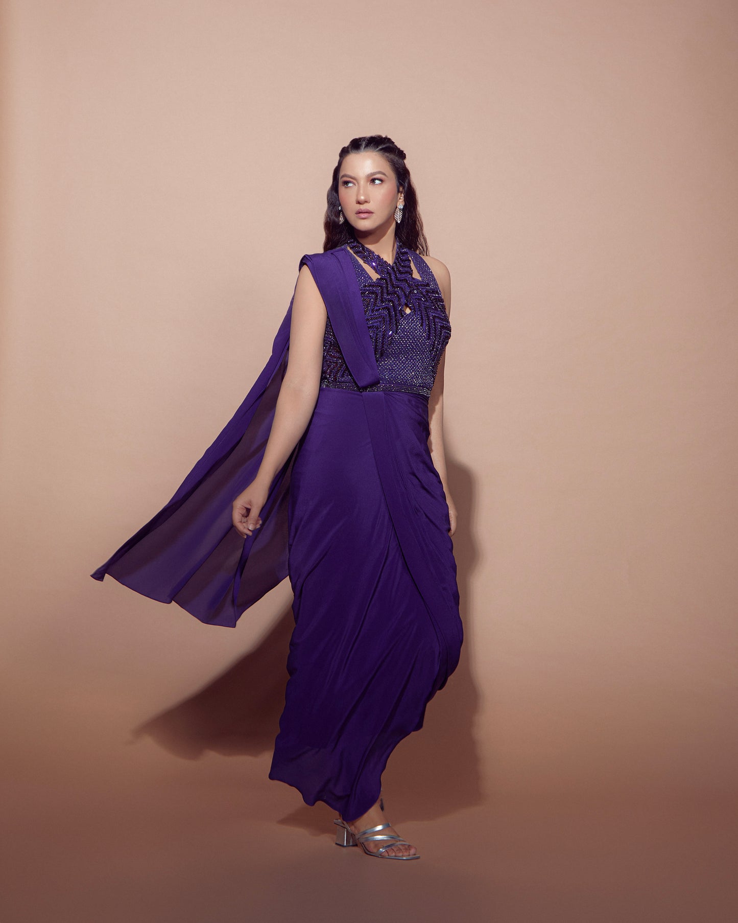 GAUHAR KHAN IN IMPERIAL ORCHID SAREE GOWN