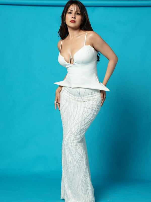 Shehnaaz Gill in Ivory Mist Peplum Skirt Set