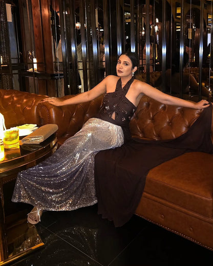 Marita Monteirro in Maroon Petal Cascade Gown