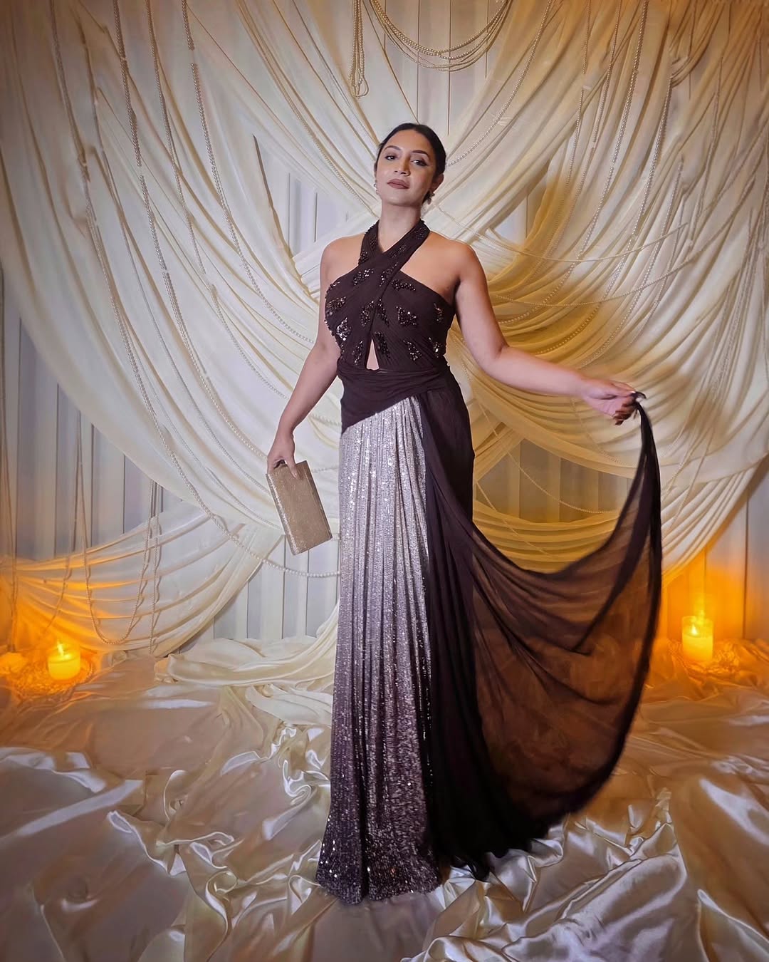 Marita Monteirro in Maroon Petal Cascade Gown