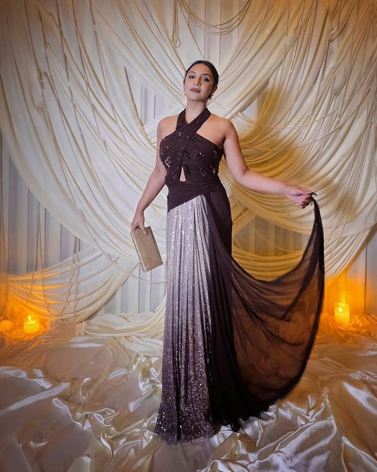 Marita Monteirro in Maroon Petal Cascade Gown