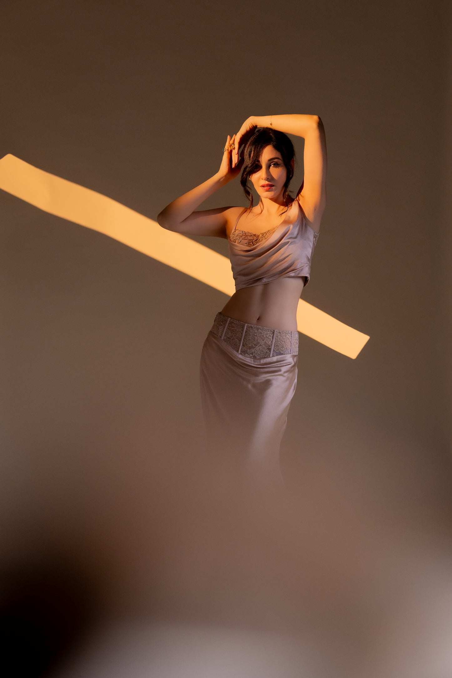 POOJA CHOPRA IN CELESTE DRAPE SATIN SKIRT SET