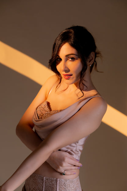 POOJA CHOPRA IN CELESTE DRAPE SATIN SKIRT SET