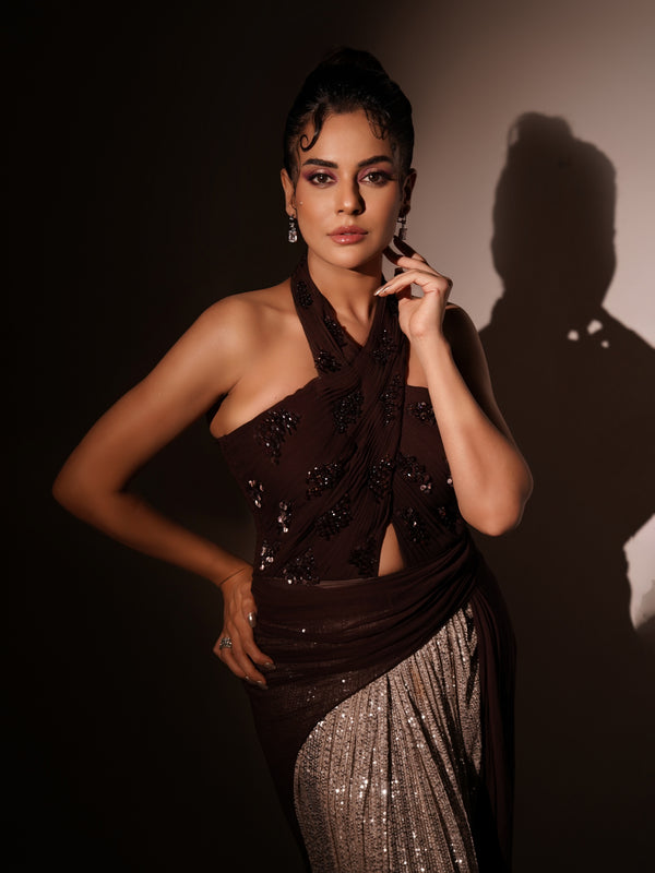 SARA ARFEEN KHAN IN BROWN PETAL DRAPED GOWN