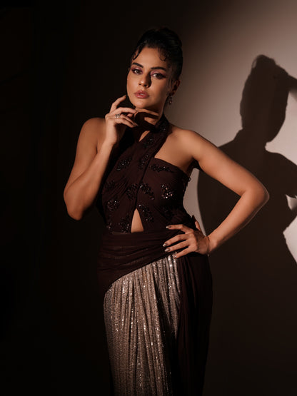 SARA ARFEEN KHAN IN WINE PETAL DRAPED GOWN