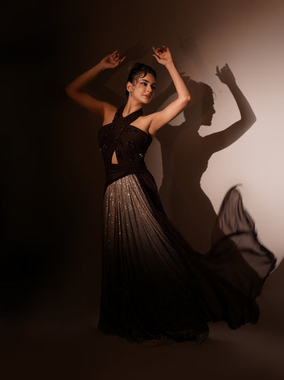 SARA ARFEEN KHAN IN WINE PETAL DRAPED GOWN