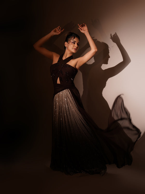 SARA ARFEEN KHAN IN BROWN PETAL DRAPED GOWN