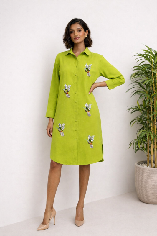 Limegreen Bird Embroidered Shirt Dress