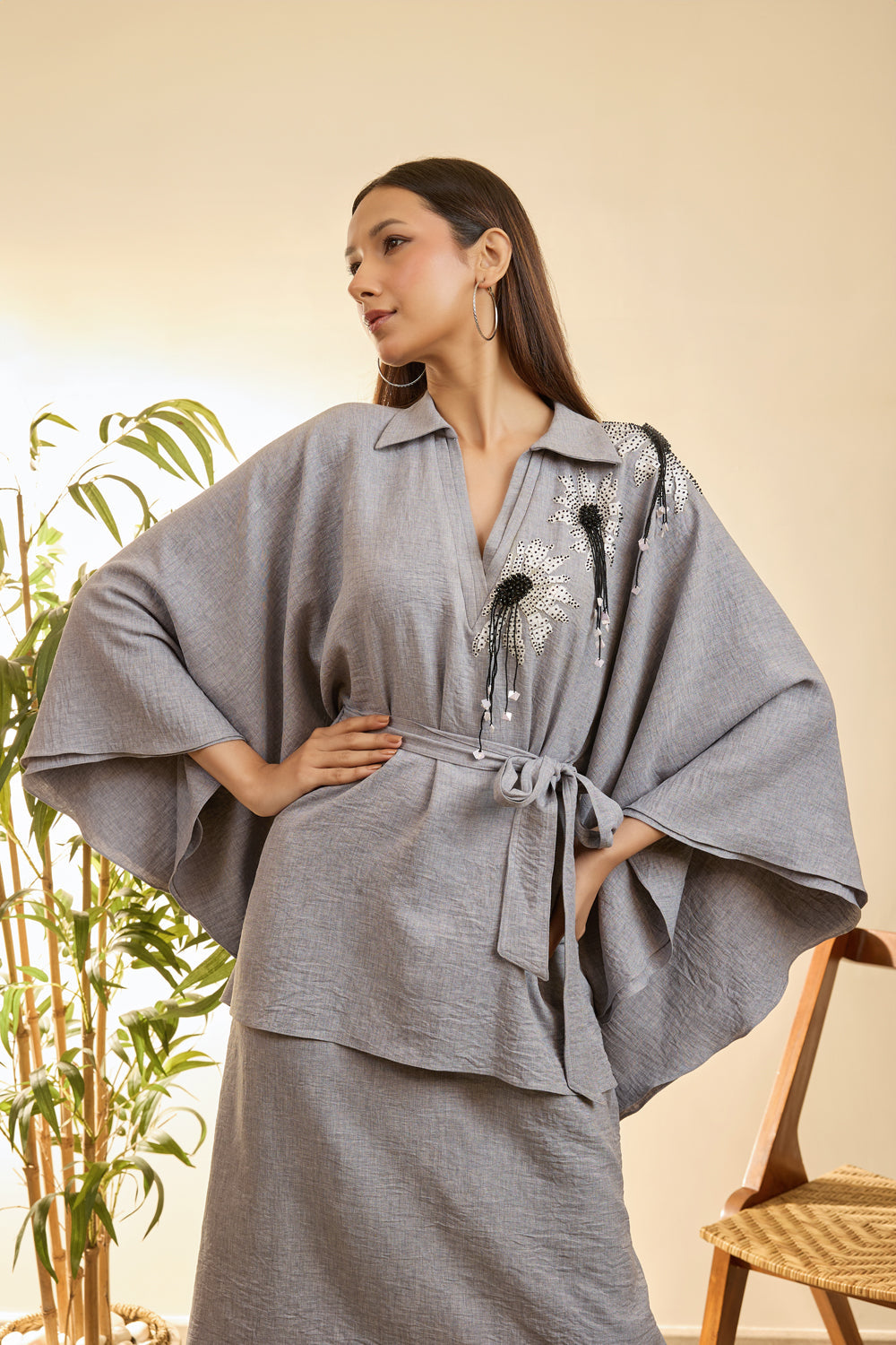 Fossil Grey Kaftan Short Dress With A Sash Tie Up