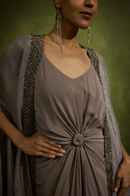 Sculpted Knot Dress with An Embossed Cape