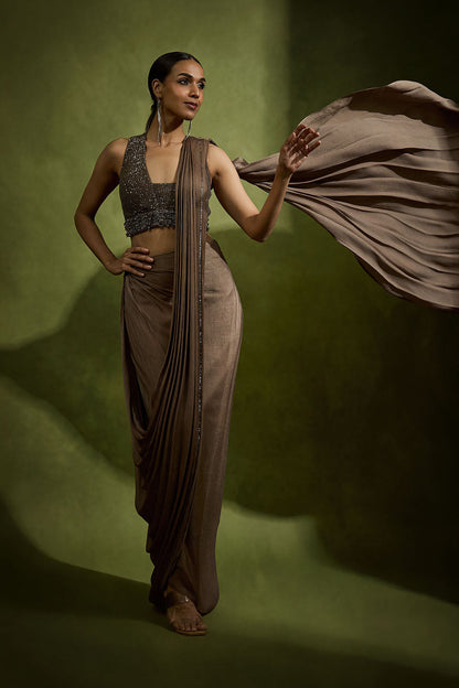 Draped Cowl Saree Set In Umber Brown