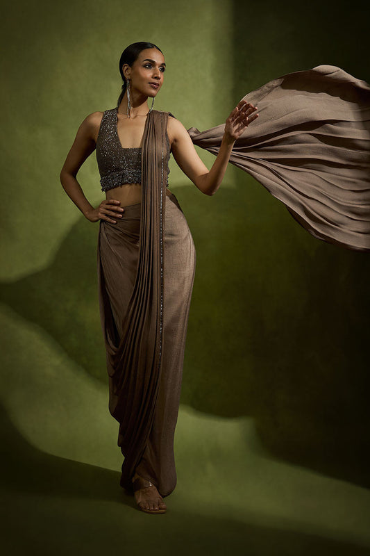 Draped Cowl Saree Set In Umber Brown
