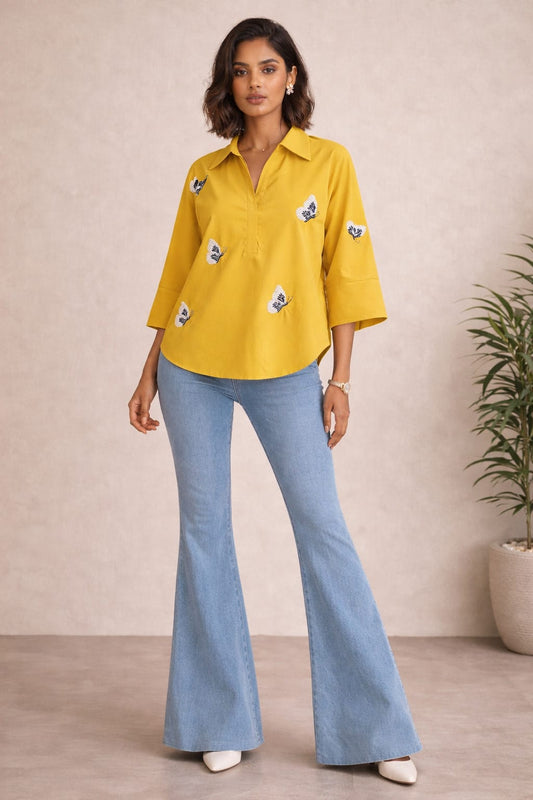 Mustard Bloom Embroidered Shirt