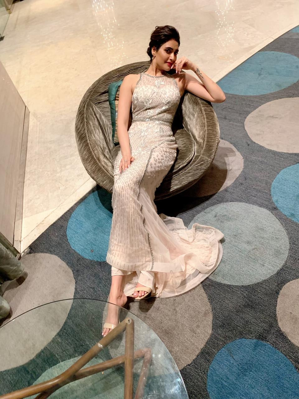 KARISHMA TANNA IN CHAMPAGNE BLOOM EMBELLISHED GOWN