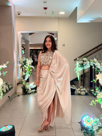 Nisha Agarwal in Ivory Cascade Pre-Draped Saree Set