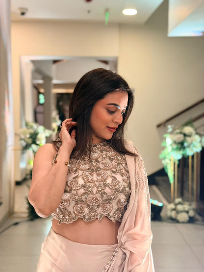 Nisha Agarwal in Ivory Cascade Pre-Draped Saree Set