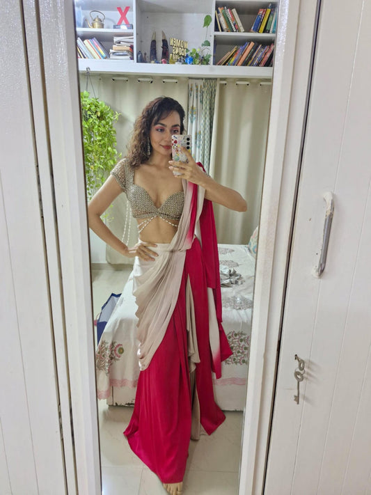 Meghna Kaushik in Sangria Bloom Draped Saree Set