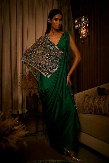 Emerald Green Draped Saree Paired with Embroidered Tulle Cape