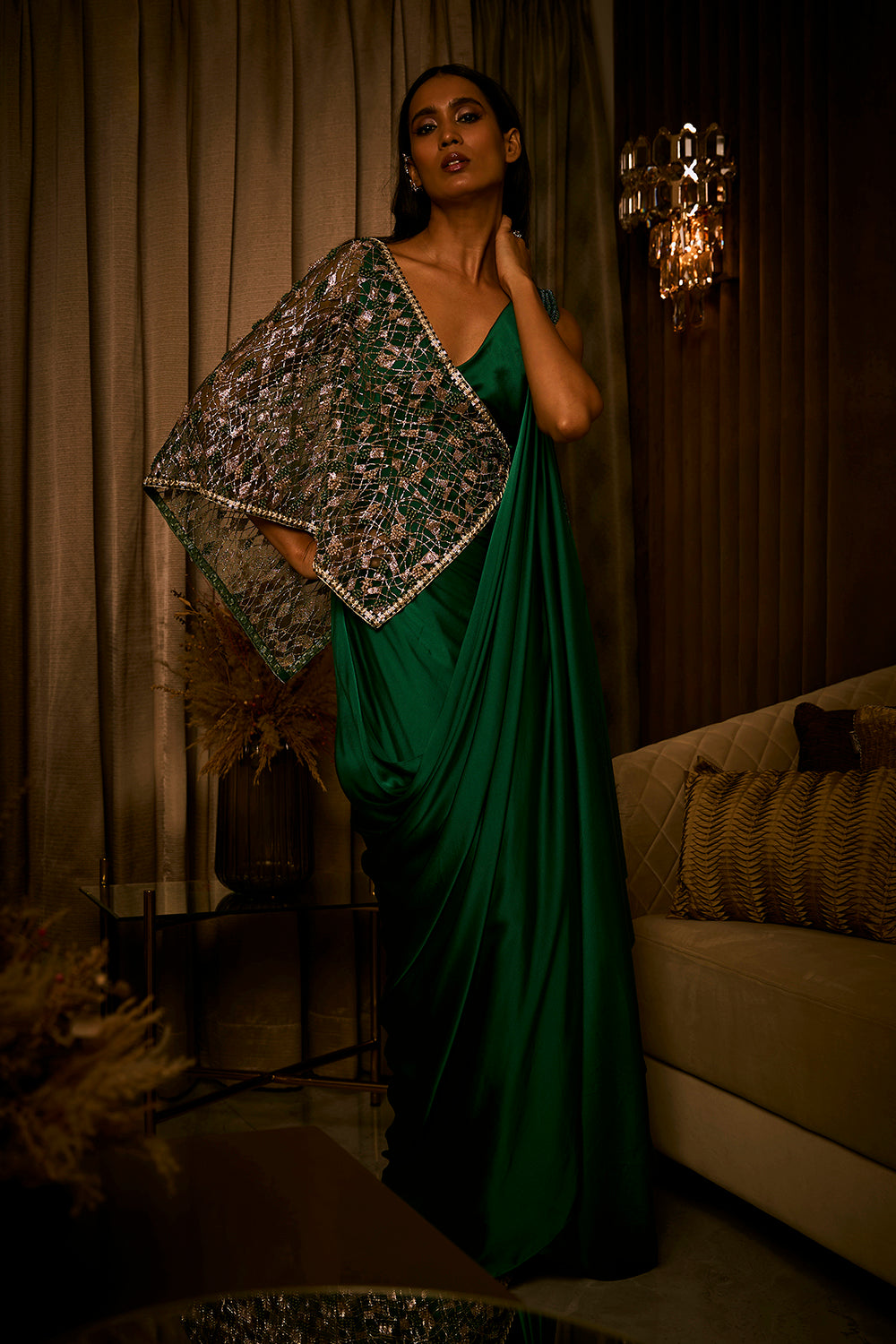 Emerald Green Draped Saree Paired with Embroidered Tulle Cape