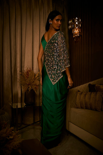 Emerald Green Draped Saree Paired with Embroidered Tulle Cape