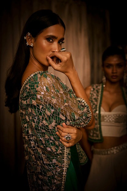 Emerald Green Draped Saree Paired with Embroidered Tulle Cape