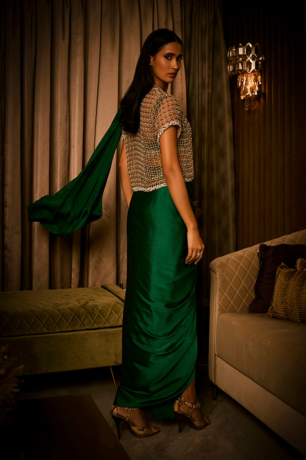 Emerald Green Pre-Draped Saree with Bralette and Cape