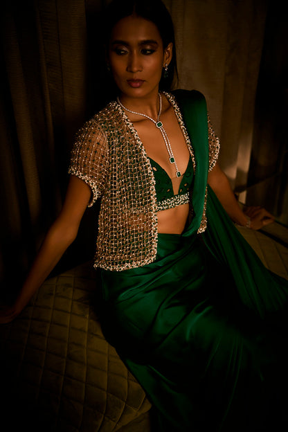 Emerald Green Pre-Draped Saree with Bralette and Cape