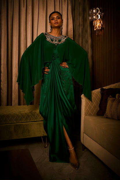 Emerald Green Pure Silk Satin Dress with an Attached Cape