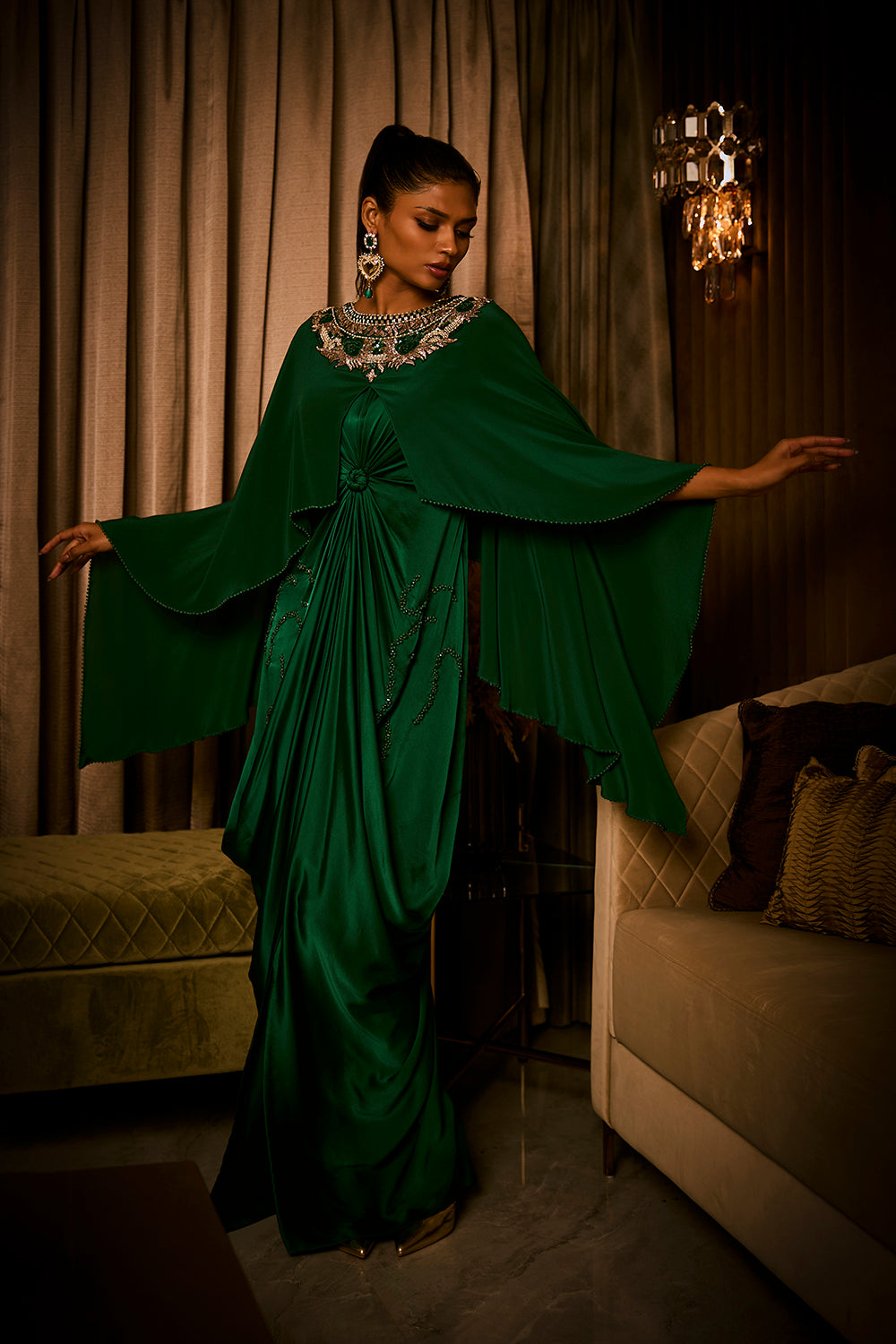 Emerald Green Pure Silk Satin Dress with an Attached Cape
