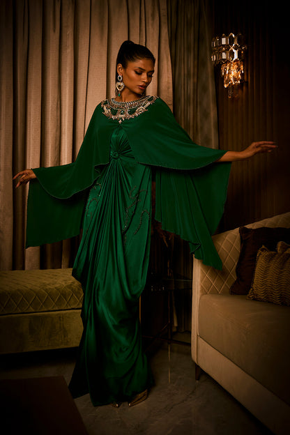 Emerald Green Pure Silk Satin Dress with an Attached Cape