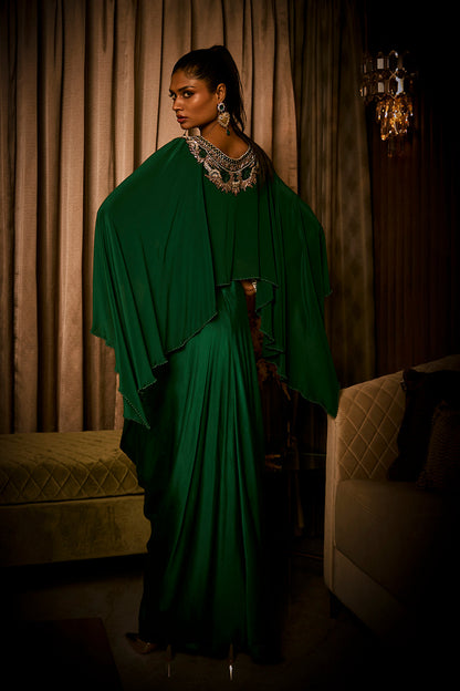 Emerald Green Pure Silk Satin Dress with an Attached Cape