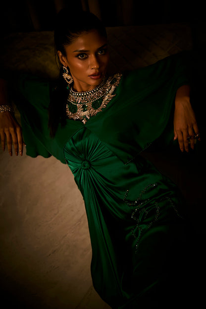 Emerald Green Pure Silk Satin Dress with an Attached Cape