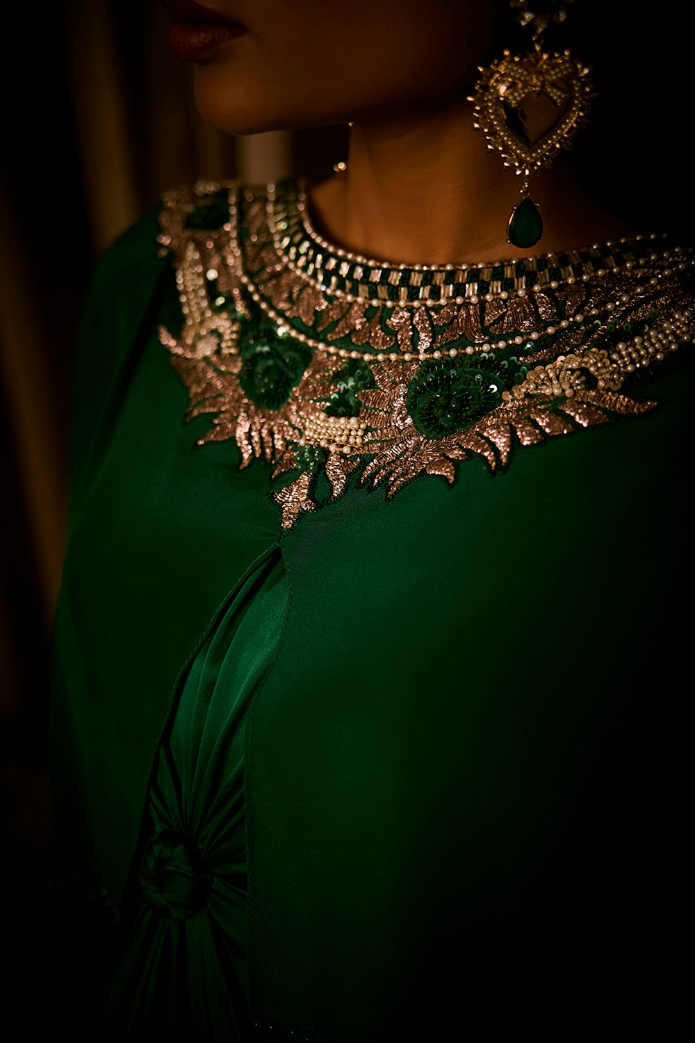Emerald Green Pure Silk Satin Dress with an Attached Cape