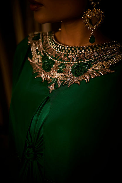 Emerald Green Pure Silk Satin Dress with an Attached Cape