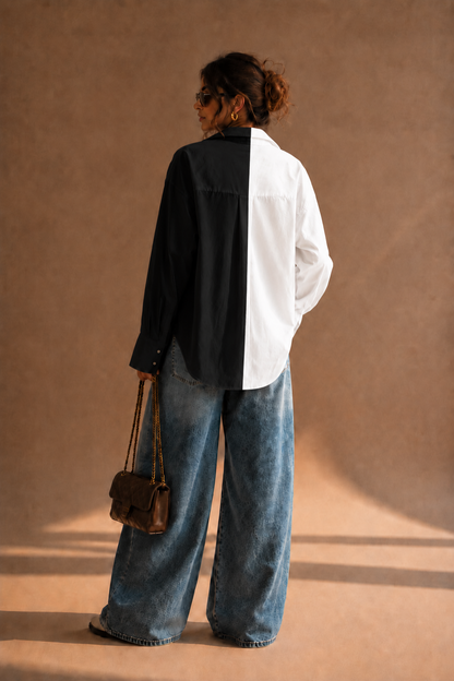 Dual-tone black and white cotton shirt