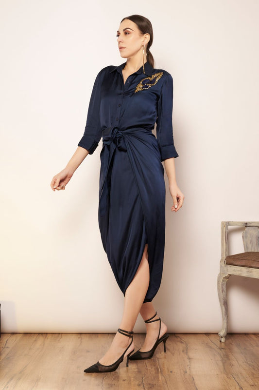 Midnight Blue satin wrap dress