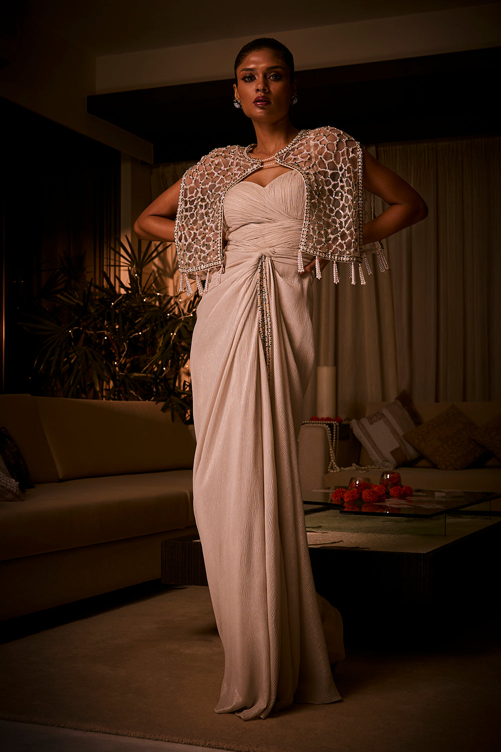 Ivory Draped Dress Paired with a Geometric Embellished Cape Jacket