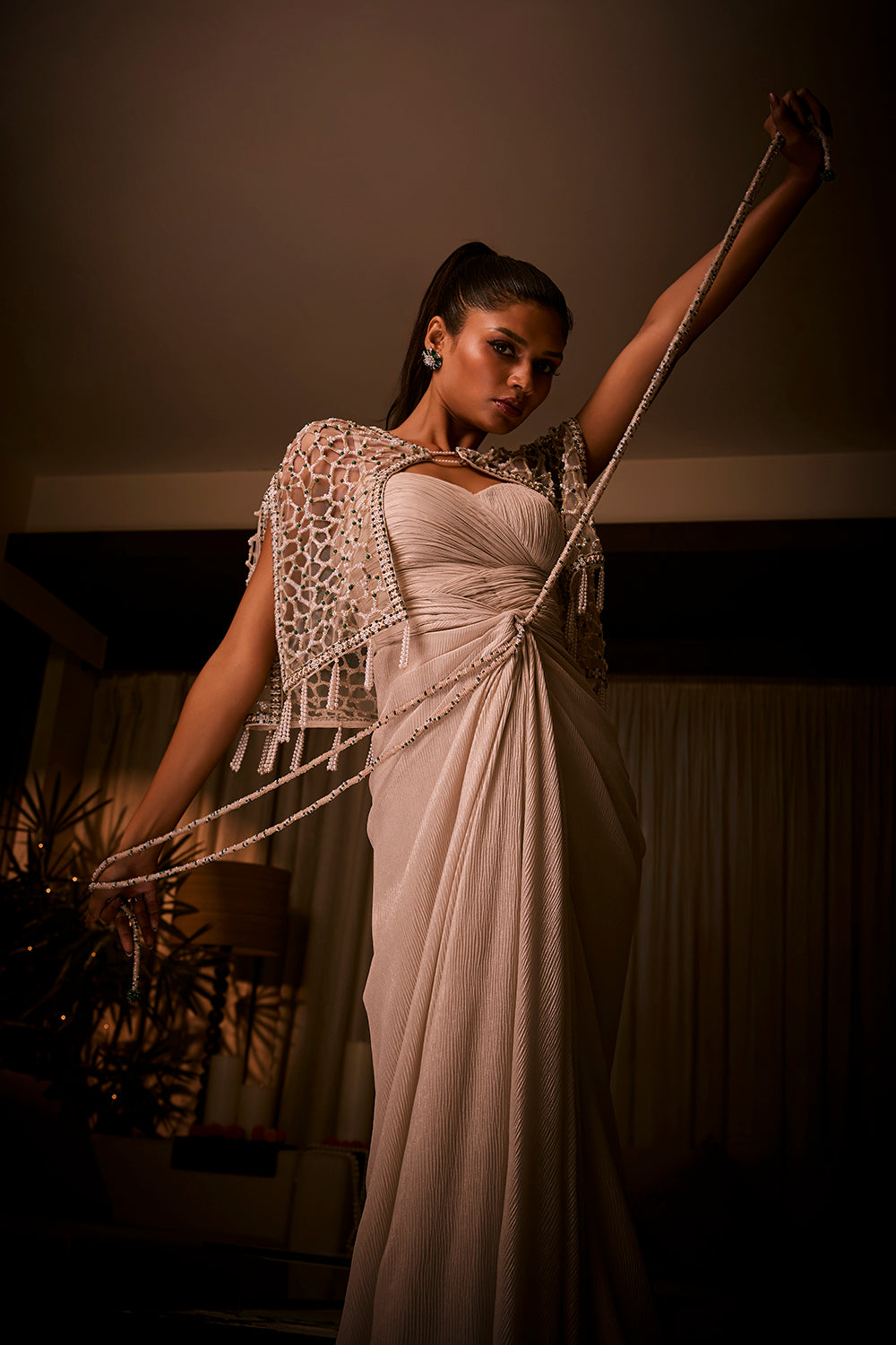 Ivory Draped Dress Paired with a Geometric Embellished Cape Jacket