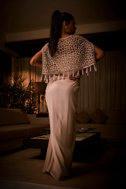 Ivory Draped Dress Paired with a Geometric Embellished Cape Jacket