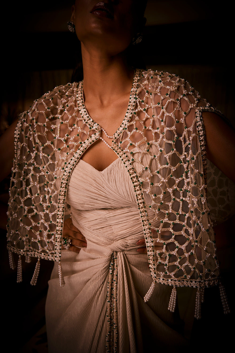 Ivory Draped Dress Paired with a Geometric Embellished Cape Jacket