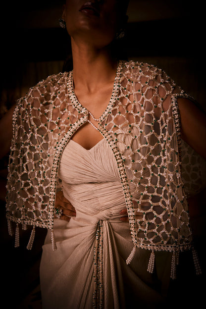 Ivory Draped Dress Paired with a Geometric Embellished Cape Jacket