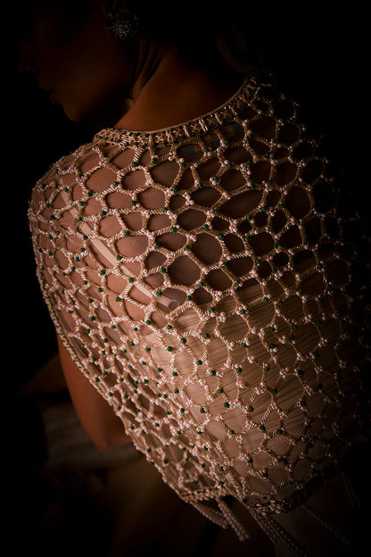 Ivory Draped Dress Paired with a Geometric Embellished Cape Jacket