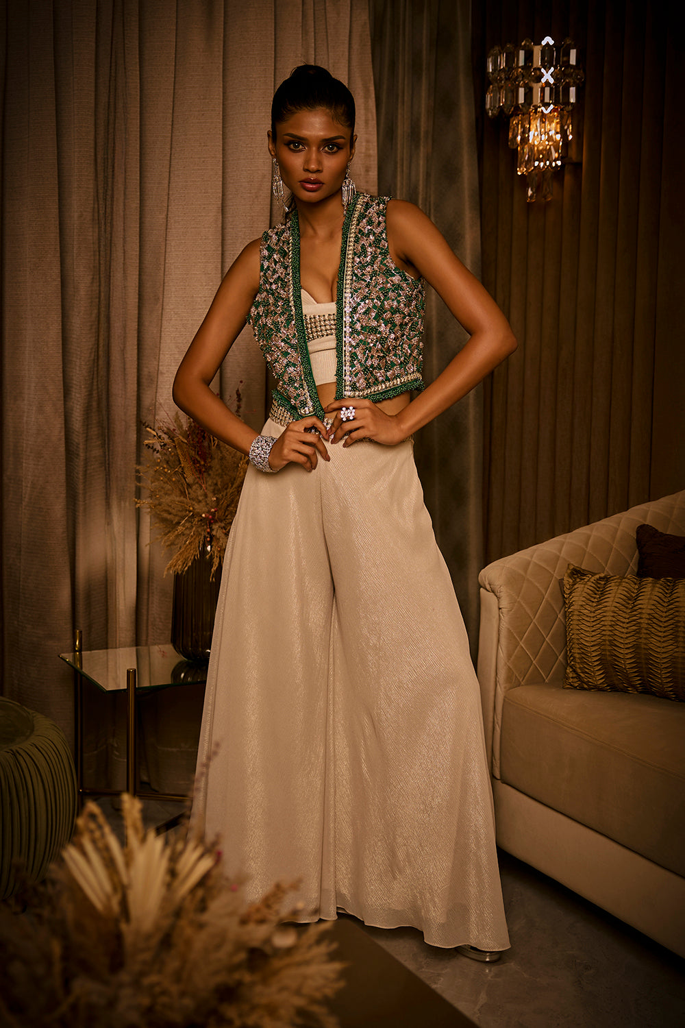 Ivory Flared Pants, Bustier and Green Jacket