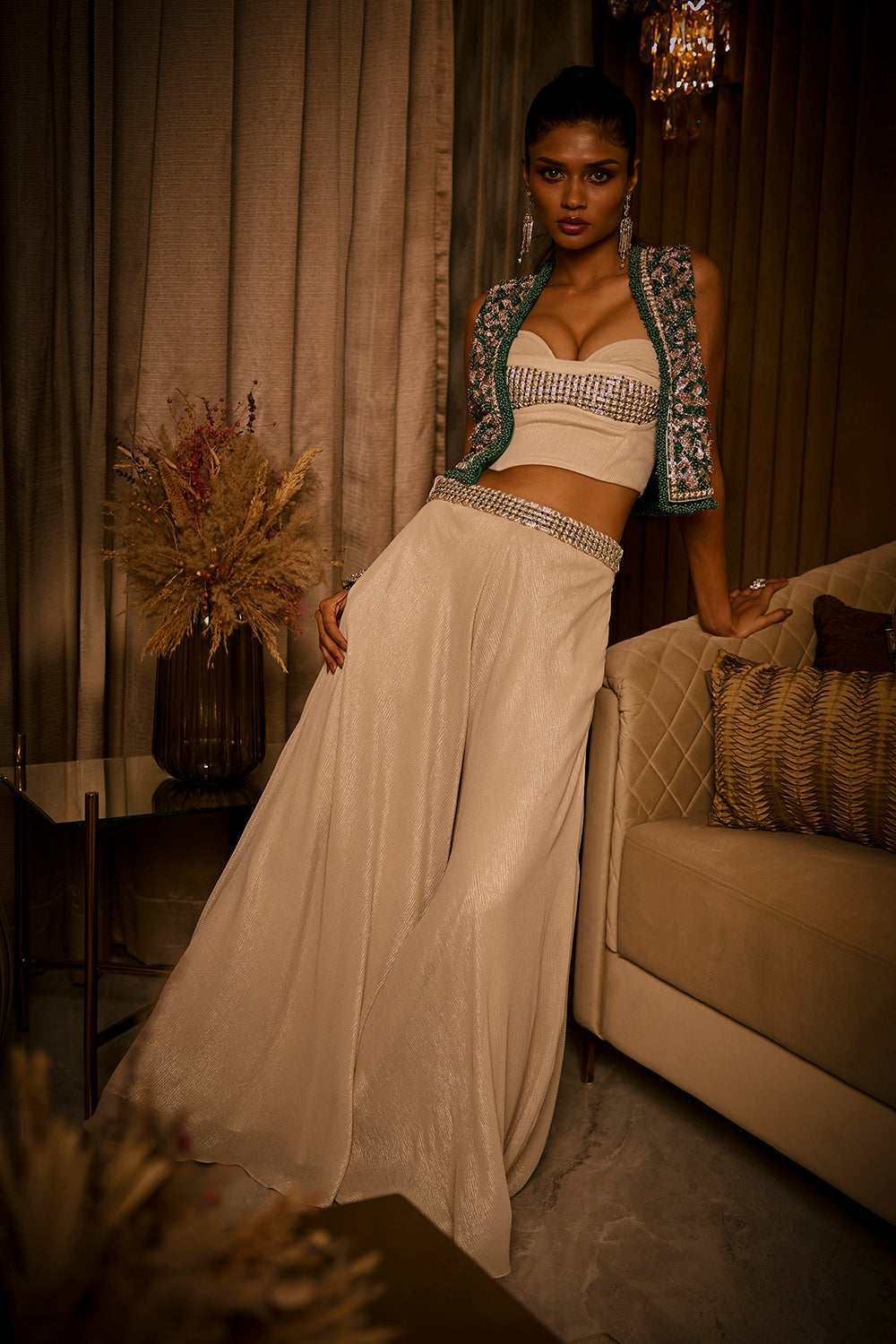 Ivory Flared Pants, Bustier and Green Jacket