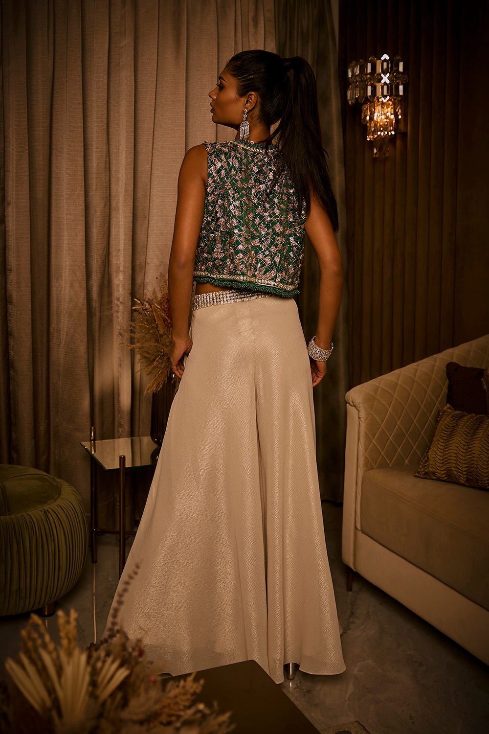 Ivory Flared Pants, Bustier and Green Jacket