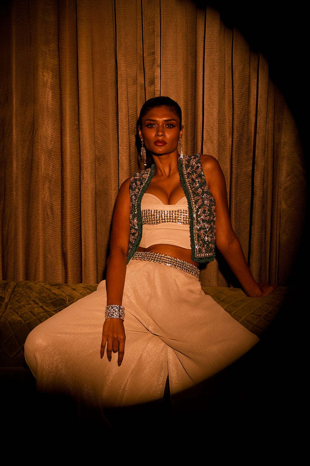 Ivory Flared Pants, Bustier and Green Jacket