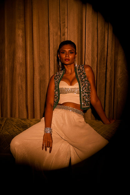 Ivory Flared Pants, Bustier and Green Jacket