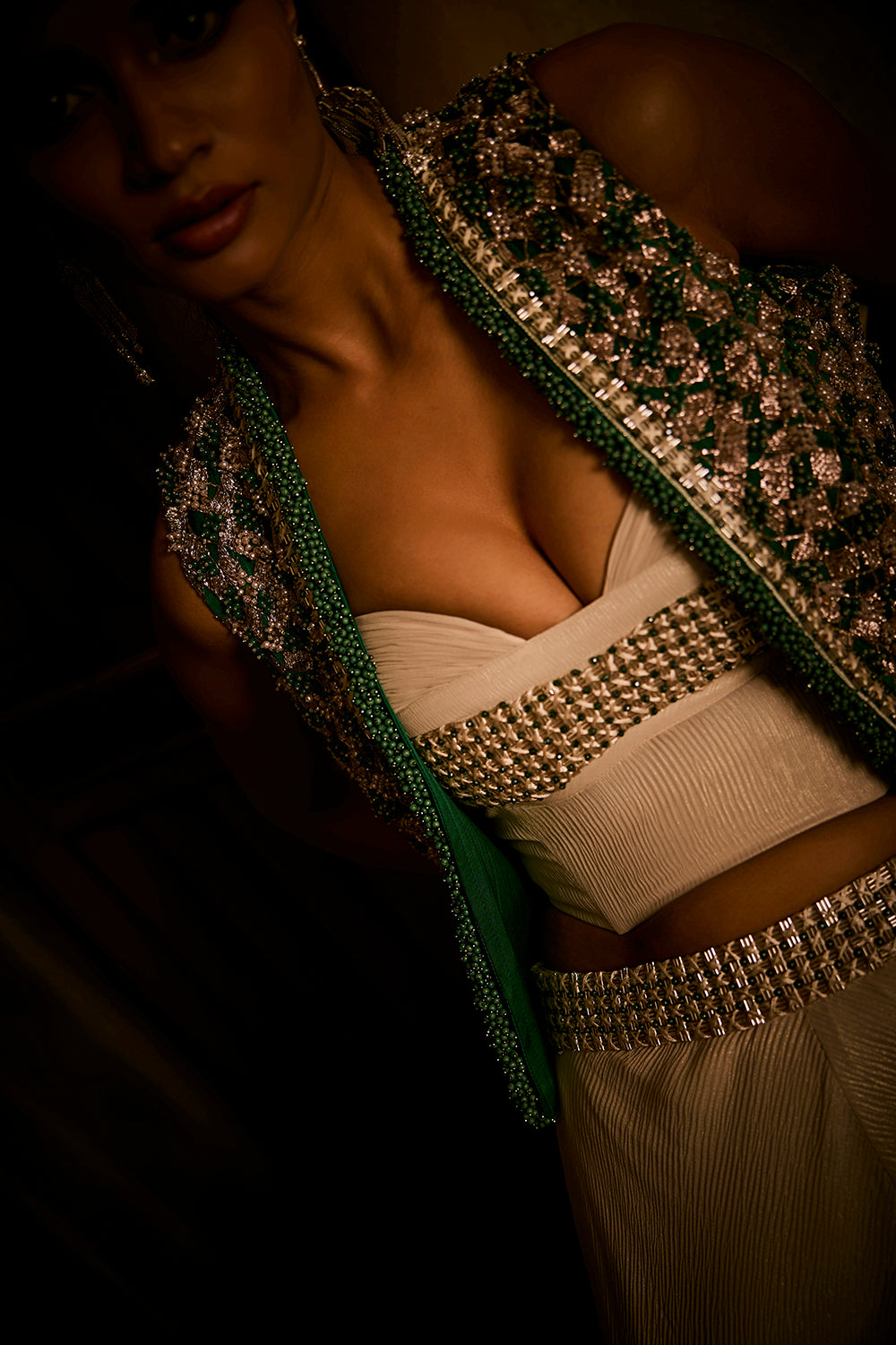 Ivory Flared Pants, Bustier and Green Jacket