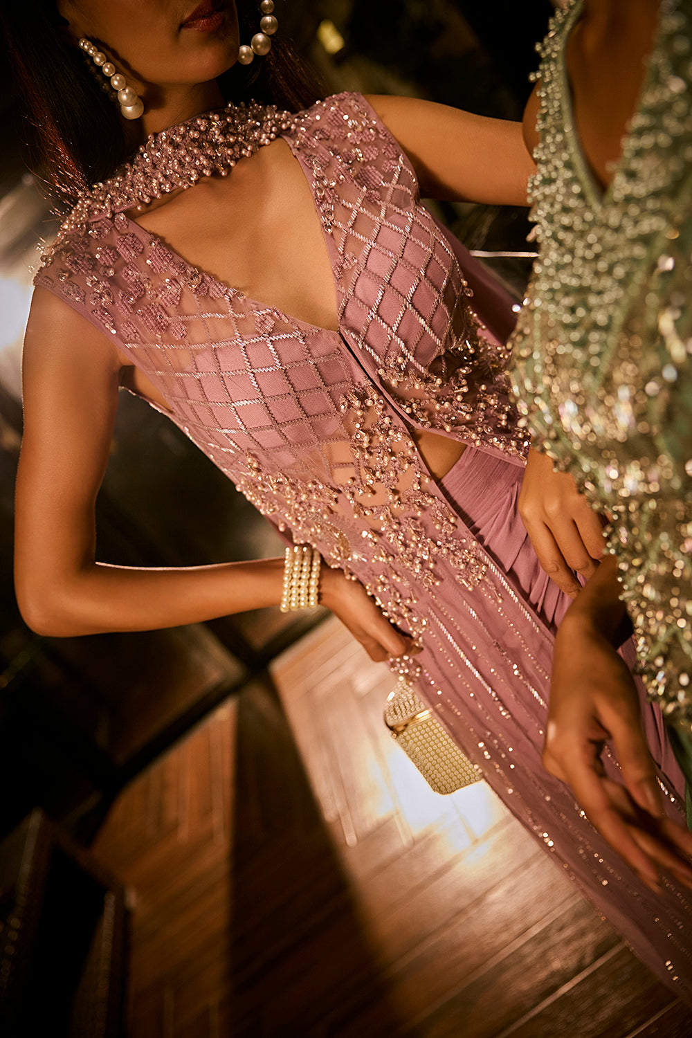 Lilac embellished cape with attached bralette and draped skirt