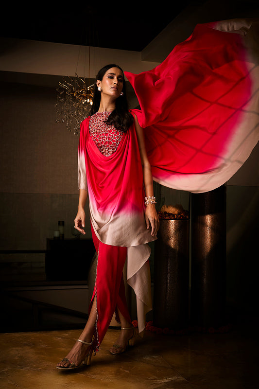 Pure Silk Satin Sangria Ombre Tunic with Tulip Pants